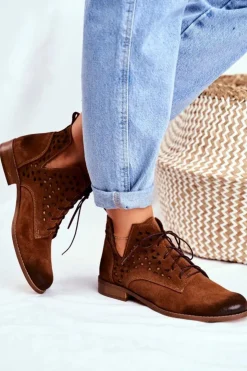 Boto Botki Wiosenne|Brązowe I Beżowe Botki*Botki Damskie Skórzane Camel Low Meridan