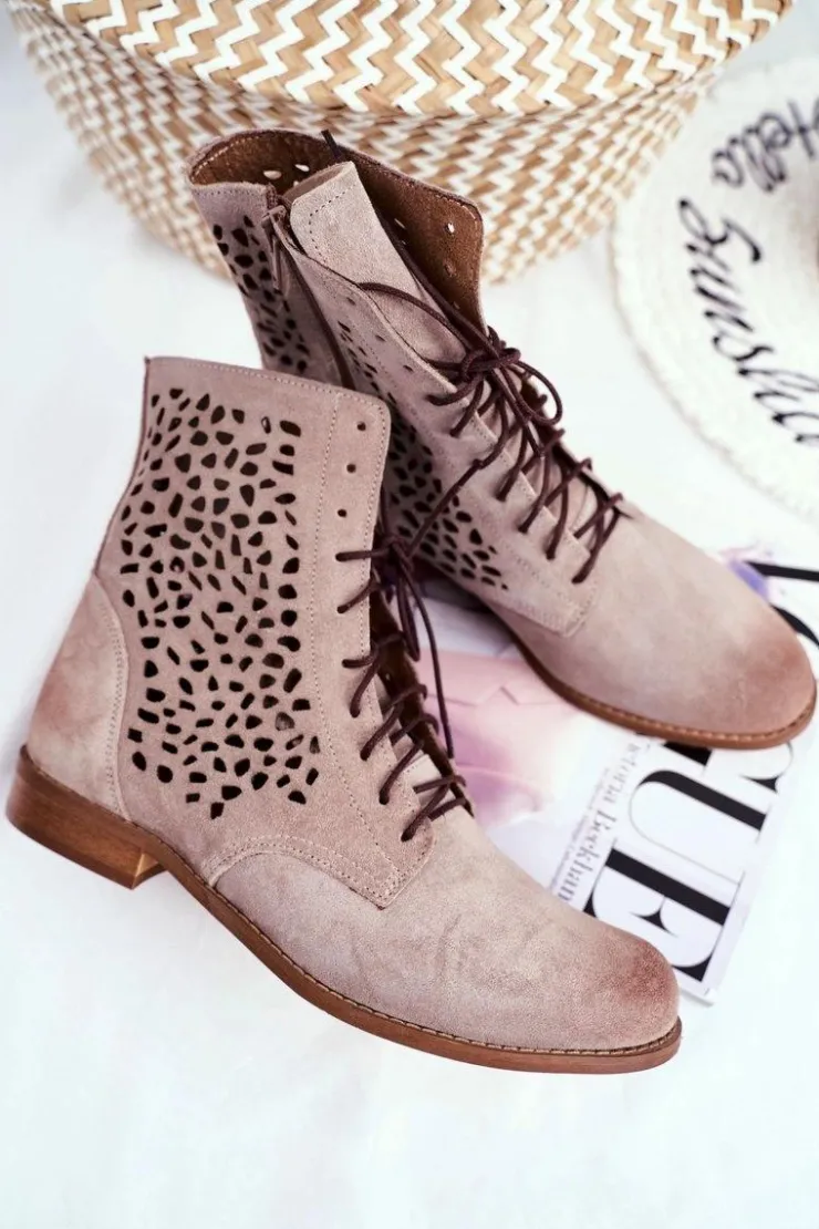 Boto Botki Wiosenne|Brązowe I Beżowe Botki*Botki Damskie Skórzane Cappucino Meridan