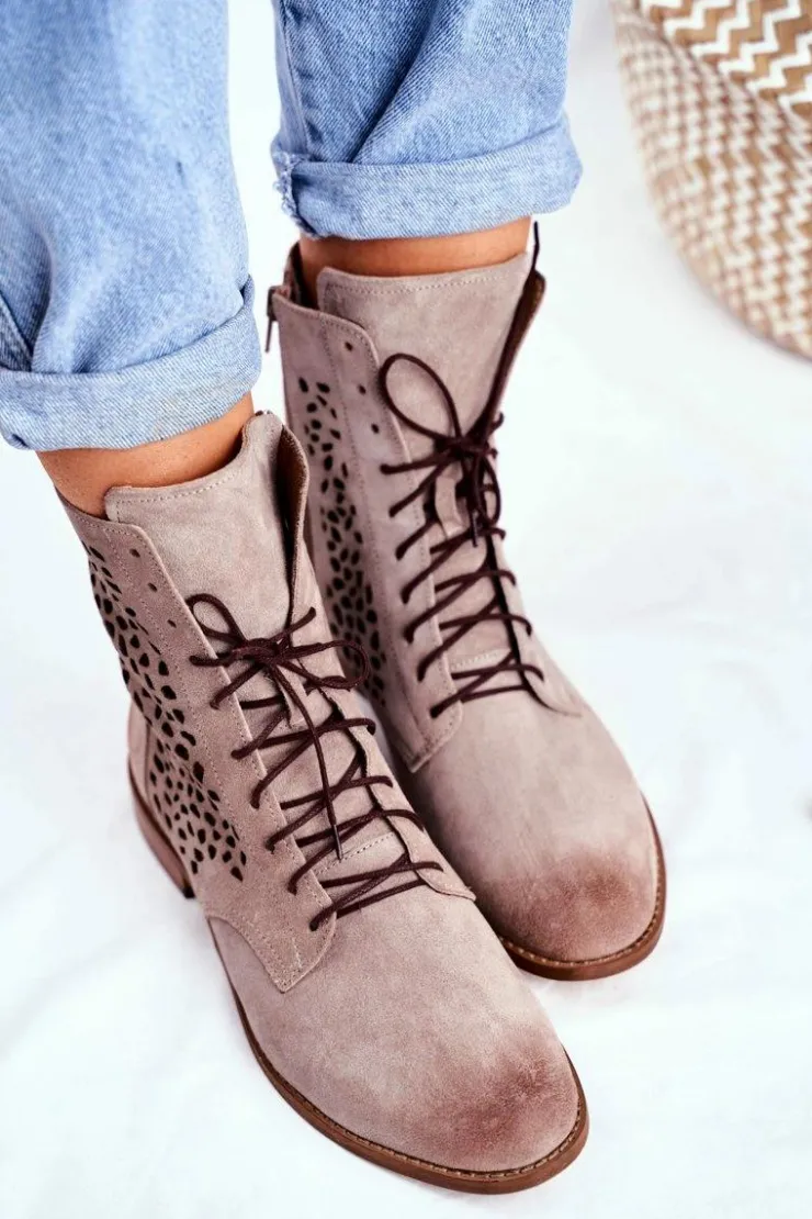 Boto Botki Wiosenne|Brązowe I Beżowe Botki*Botki Damskie Skórzane Cappucino Meridan