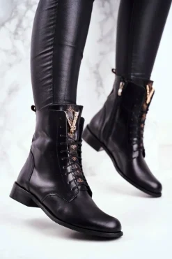 Damskie Boto Botki Damskie Skórzane Czarne Nicole 2593