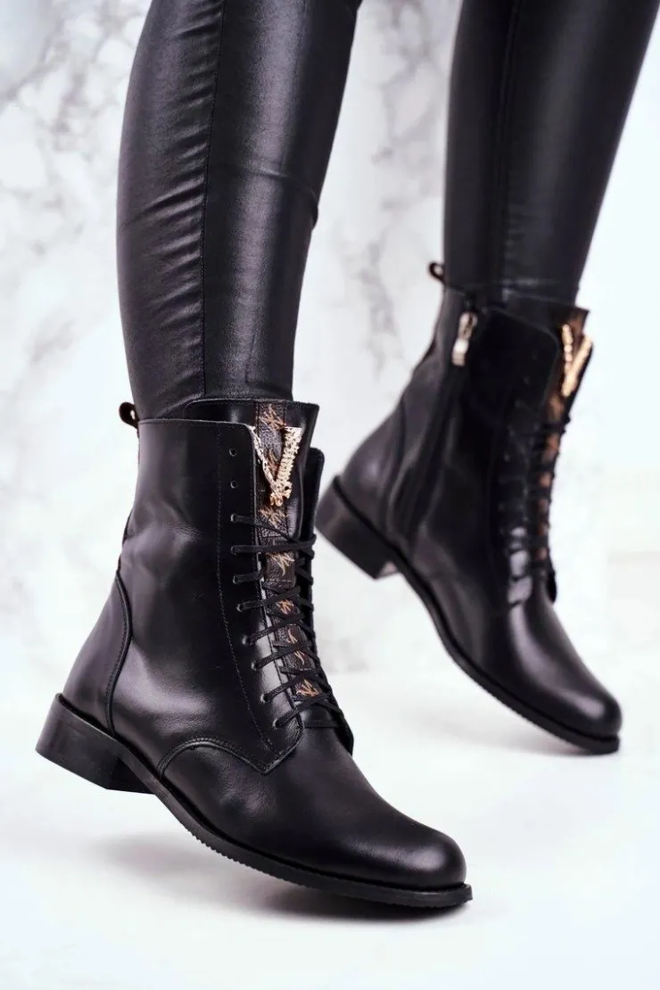 Damskie Boto Botki Damskie Skórzane Czarne Nicole 2593