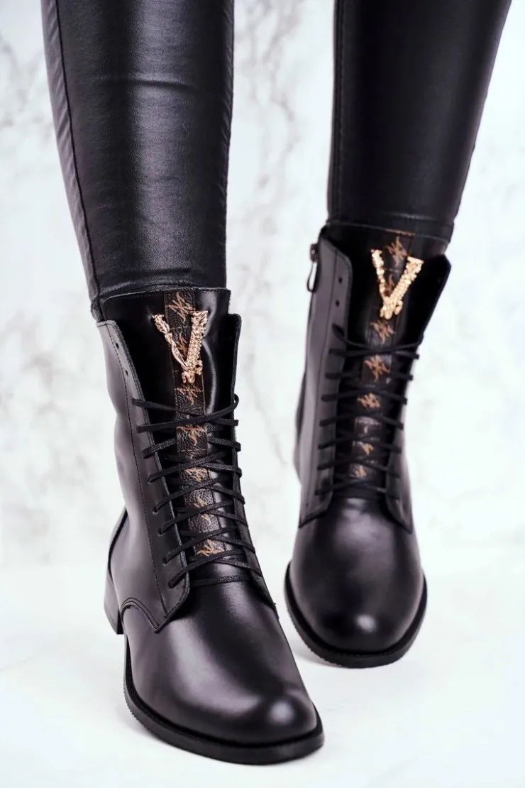 Damskie Boto Botki Damskie Skórzane Czarne Nicole 2593