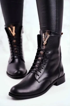 Damskie Boto Botki Damskie Skórzane Czarne Nicole 2593