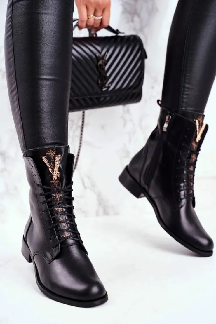 Damskie Boto Botki Damskie Skórzane Czarne Nicole 2593