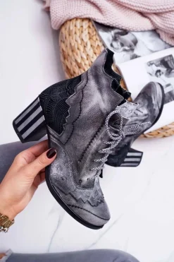 Damskie Maciejka Botki Damskie Skórzane Szare 03190