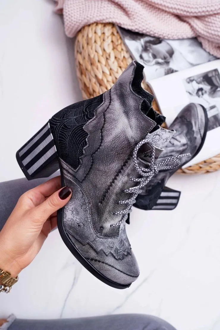 Damskie Maciejka Botki Damskie Skórzane Szare 03190