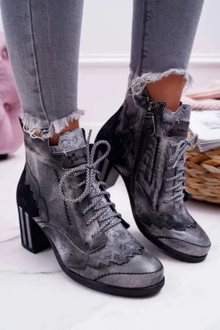Damskie Maciejka Botki Damskie Skórzane Szare 03190