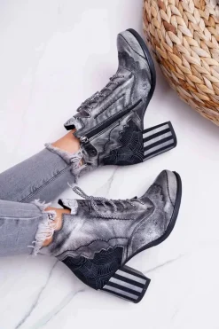 Damskie Maciejka Botki Damskie Skórzane Szare 03190