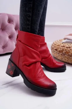 Damskie Maciejka Botki Damskie Skórzane Czerwone 04216-08/00-3