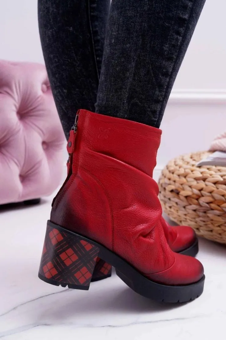 Damskie Maciejka Botki Damskie Skórzane Czerwone 04216-08/00-3