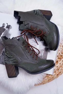 Hot Maciejka Botki Damskie Skórzane Zielone 03190-09