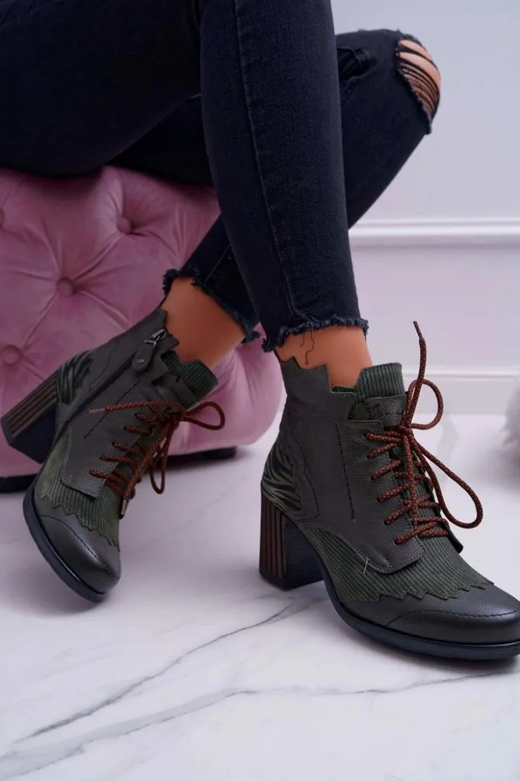 Hot Maciejka Botki Damskie Skórzane Zielone 03190-09