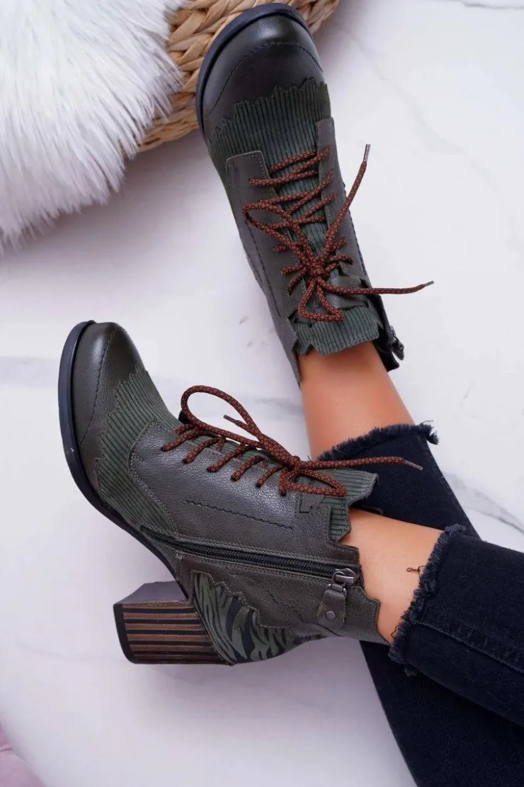 Hot Maciejka Botki Damskie Skórzane Zielone 03190-09