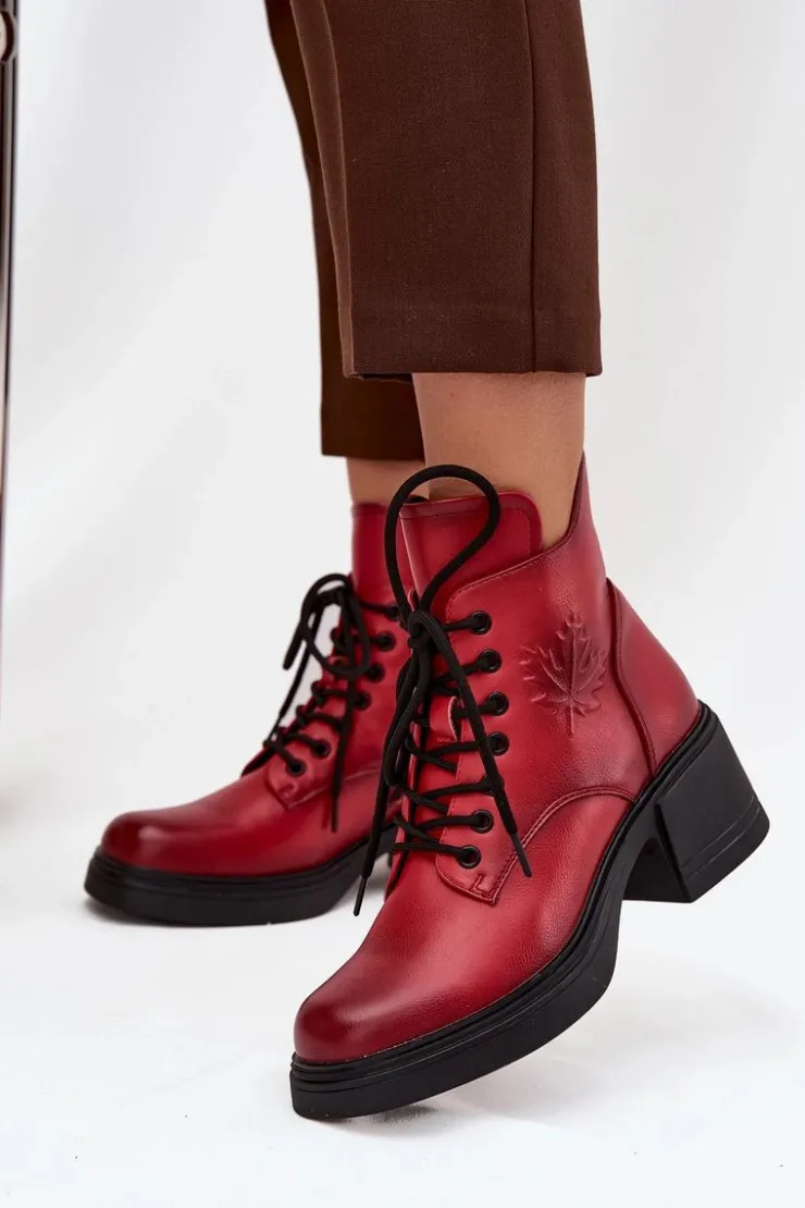 Buty damskie Vinceza Botki Ocieplane|Botki Sznurowane*Botki Damskie Skórzane Na Klocku Ocieplane Vinceza 39950 Czerwone Czerwony