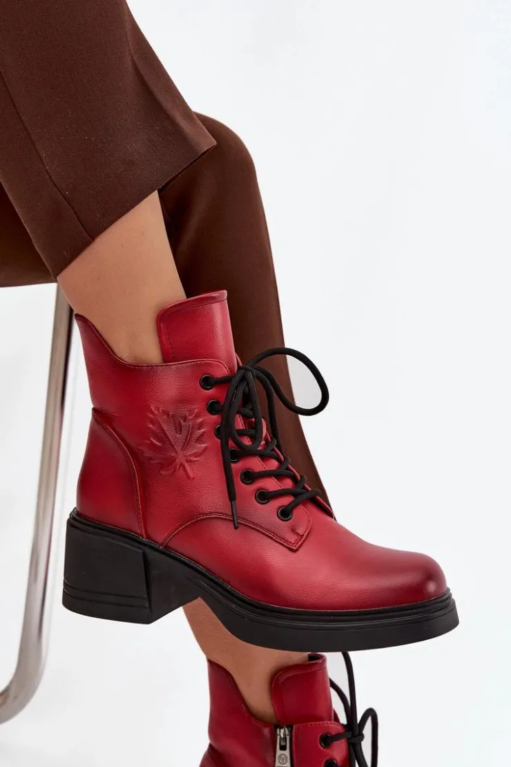 Buty damskie Vinceza Botki Ocieplane|Botki Sznurowane*Botki Damskie Skórzane Na Klocku Ocieplane Vinceza 39950 Czerwone Czerwony