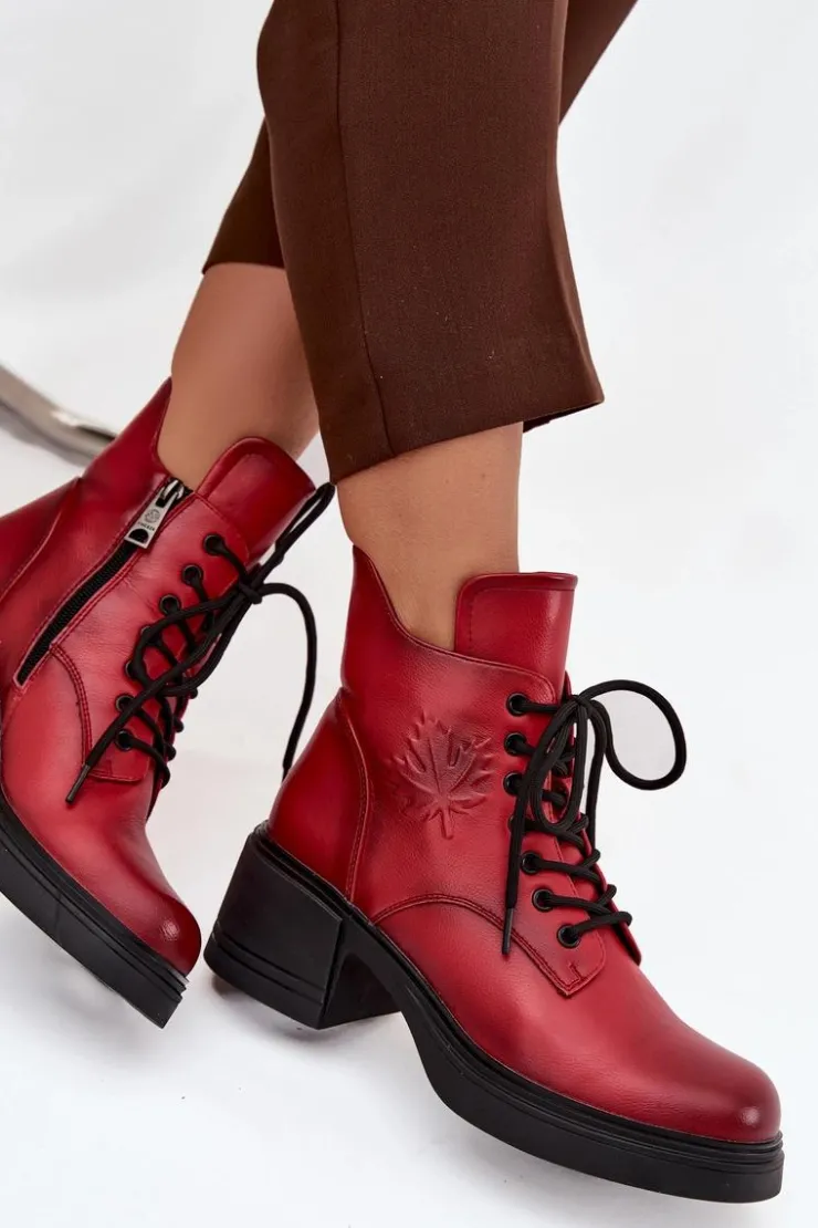 Buty damskie Vinceza Botki Ocieplane|Botki Sznurowane*Botki Damskie Skórzane Na Klocku Ocieplane Vinceza 39950 Czerwone Czerwony