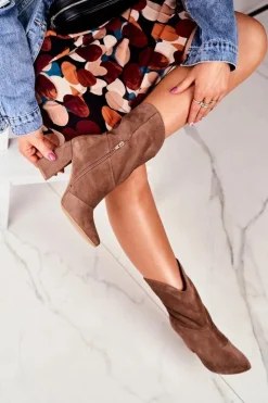 Laura Messi Botki Wiosenne|Botki Na Słupku*Botki Damskie Skórzane na Obcasie Khaki 2123