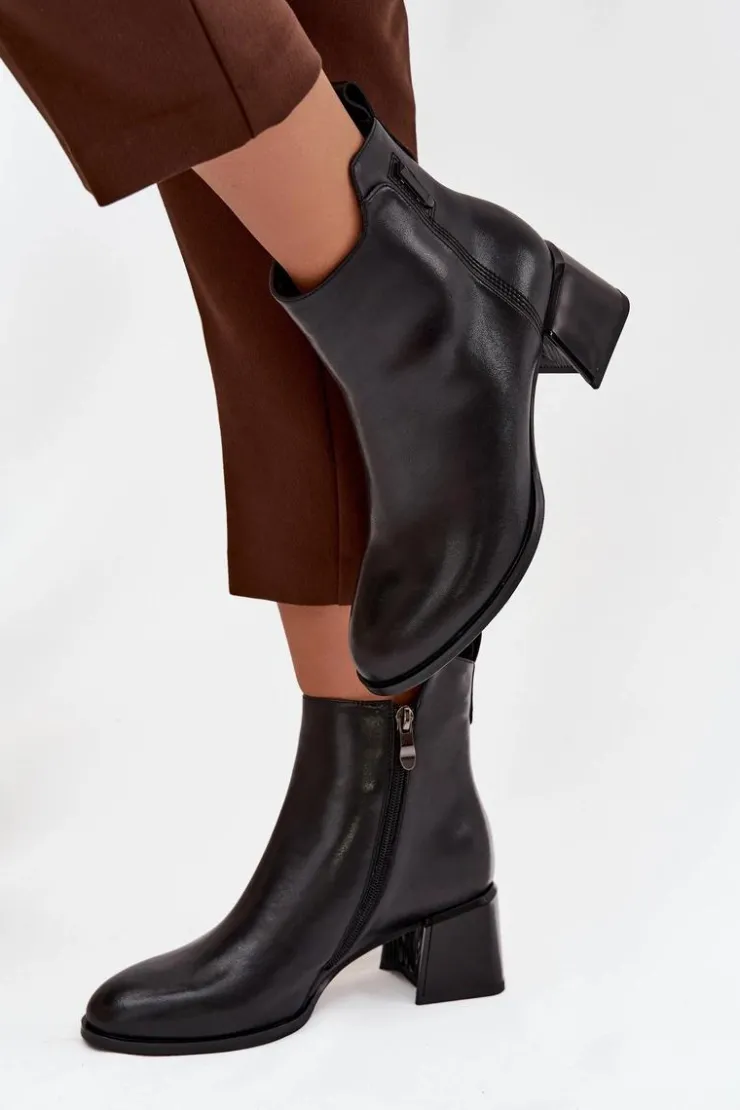 Clearance Boto Botki Damskie Skórzane Na Obcasie Ocieplane Czarne Nolivra