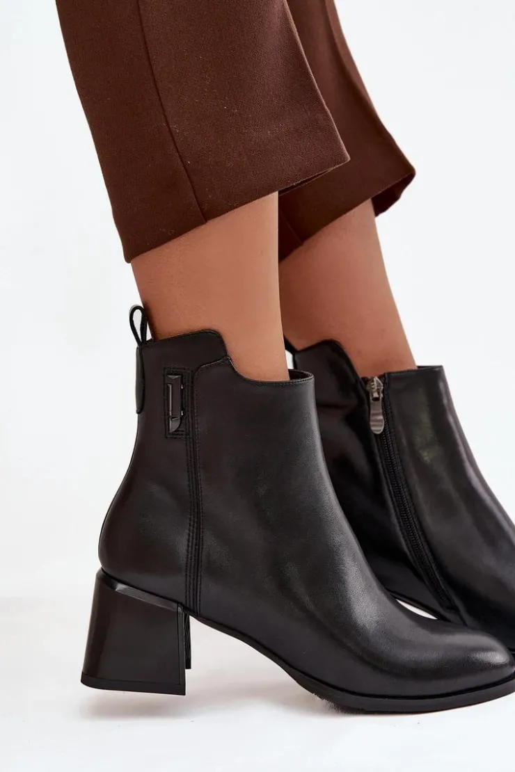 Clearance Boto Botki Damskie Skórzane Na Obcasie Ocieplane Czarne Nolivra