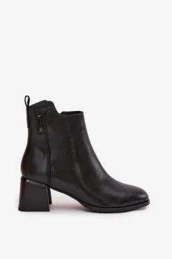 Clearance Boto Botki Damskie Skórzane Na Obcasie Ocieplane Czarne Nolivra