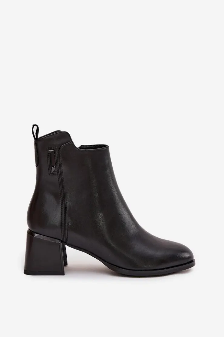 Clearance Boto Botki Damskie Skórzane Na Obcasie Ocieplane Czarne Nolivra