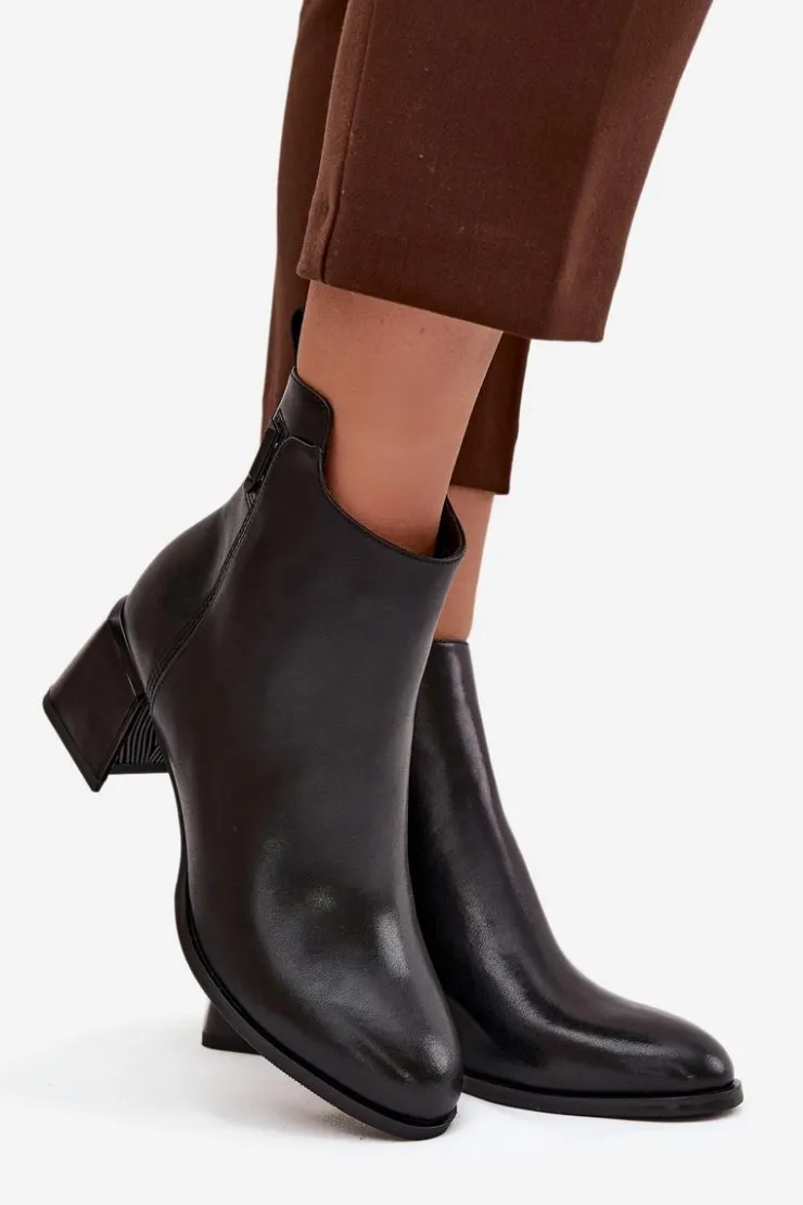 Clearance Boto Botki Damskie Skórzane Na Obcasie Ocieplane Czarne Nolivra