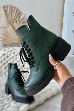 Damskie Buty damskie Vinceza Botki Damskie Skórzane Na Klocku Ocieplane Vinceza 39950 Ciemnozielone