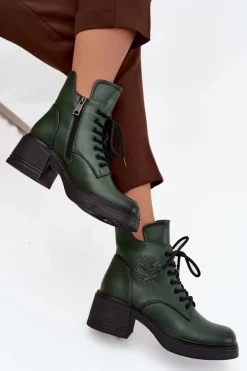 Damskie Buty damskie Vinceza Botki Damskie Skórzane Na Klocku Ocieplane Vinceza 39950 Ciemnozielone