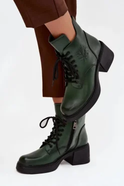 Damskie Buty damskie Vinceza Botki Damskie Skórzane Na Klocku Ocieplane Vinceza 39950 Ciemnozielone