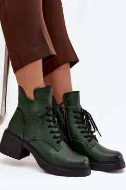 Damskie Buty damskie Vinceza Botki Damskie Skórzane Na Klocku Ocieplane Vinceza 39950 Ciemnozielone