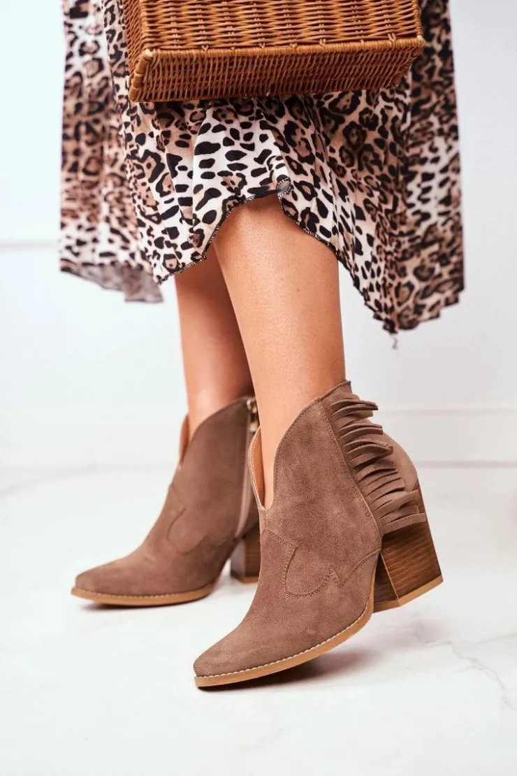 Damskie Laura Messi Botki Damskie Skórzane na Obcasie Khaki 2133