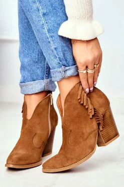 Laura Messi Botki Wiosenne|Botki Na Słupku*Botki Damskie Skórzane na Obcasie Camel 2133