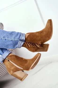 Laura Messi Botki Wiosenne|Botki Na Słupku*Botki Damskie Skórzane na Obcasie Camel 2133