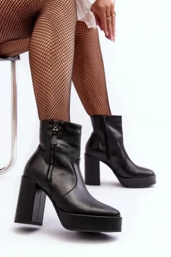 Laura Messi Botki Ocieplane|Botki Skórzane*Botki Damskie Skórzane Na Słupku I Platformiei 2690 Czarne