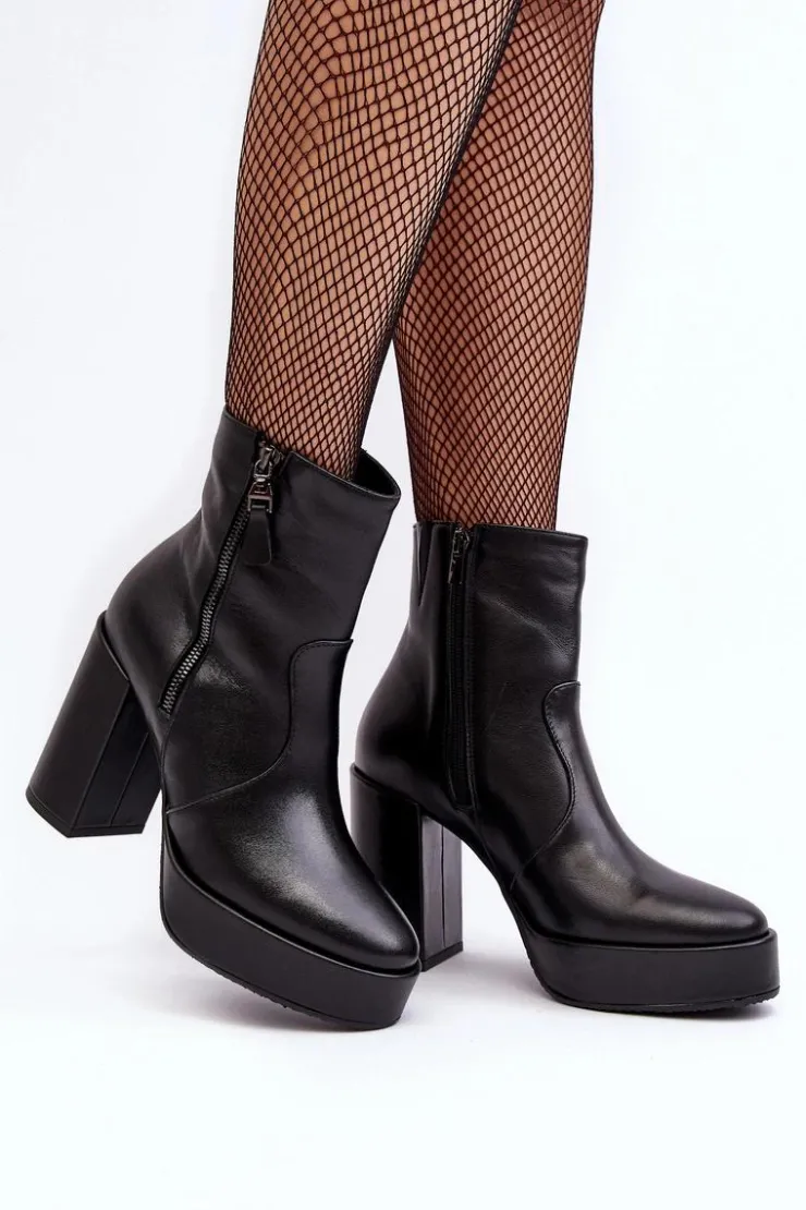 Laura Messi Botki Ocieplane|Botki Skórzane*Botki Damskie Skórzane Na Słupku I Platformiei 2690 Czarne