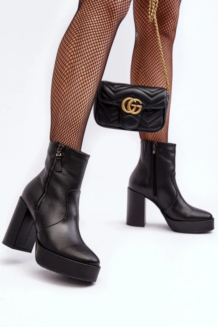 Laura Messi Botki Ocieplane|Botki Skórzane*Botki Damskie Skórzane Na Słupku I Platformiei 2690 Czarne