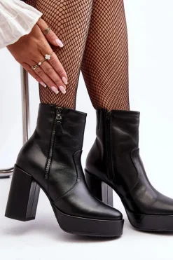 Laura Messi Botki Ocieplane|Botki Skórzane*Botki Damskie Skórzane Na Słupku I Platformiei 2690 Czarne