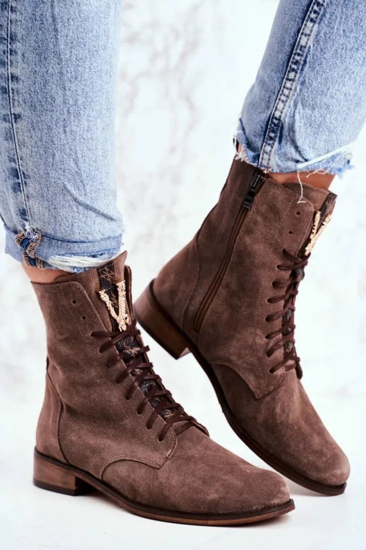 Boto Botki Sznurowane|Botki Zimowe Damskie*Botki Damskie Skórzane Nubuk Cappuccino Nicole 2593