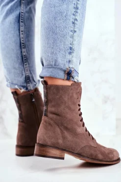 Boto Botki Sznurowane|Botki Zimowe Damskie*Botki Damskie Skórzane Nubuk Cappuccino Nicole 2593