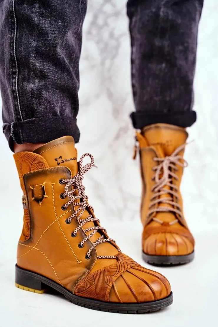 Maciejka Botki Maciejka|Botki Zimowe Damskie*Botki Damskie Skórzane Ocieplane Żółte 03961-07