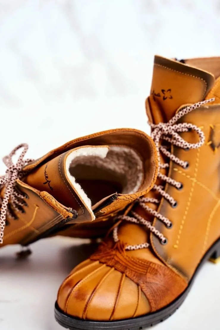 Maciejka Botki Maciejka|Botki Zimowe Damskie*Botki Damskie Skórzane Ocieplane Żółte 03961-07