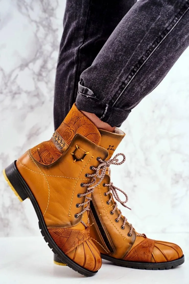 Maciejka Botki Maciejka|Botki Zimowe Damskie*Botki Damskie Skórzane Ocieplane Żółte 03961-07