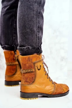 Maciejka Botki Maciejka|Botki Zimowe Damskie*Botki Damskie Skórzane Ocieplane Żółte 03961-07