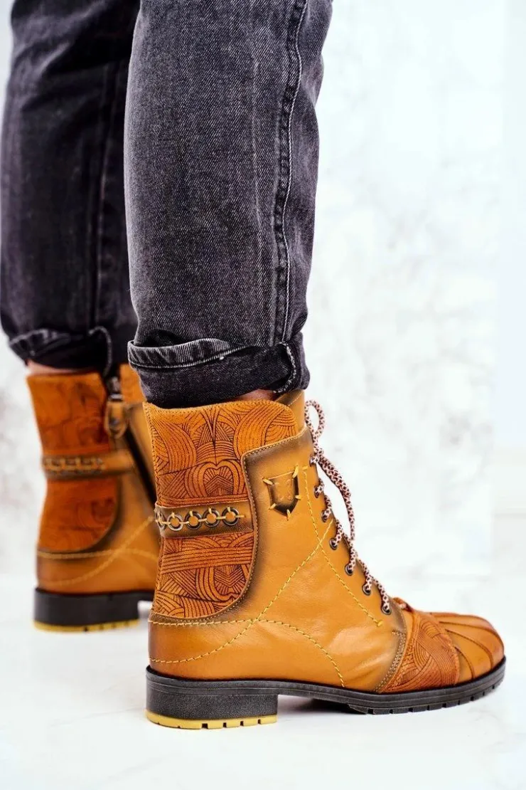 Maciejka Botki Maciejka|Botki Zimowe Damskie*Botki Damskie Skórzane Ocieplane Żółte 03961-07