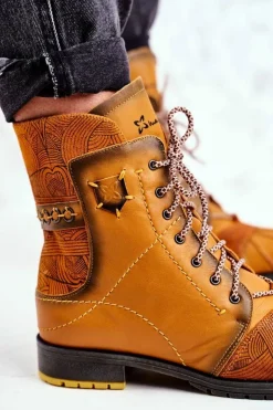 Maciejka Botki Maciejka|Botki Zimowe Damskie*Botki Damskie Skórzane Ocieplane Żółte 03961-07