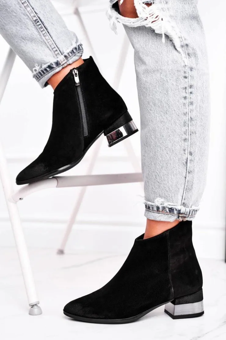 Damskie Laura Messi Botki Damskie Skórzane Ocieplane Czarne 2207