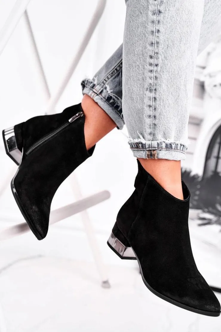 Damskie Laura Messi Botki Damskie Skórzane Ocieplane Czarne 2207