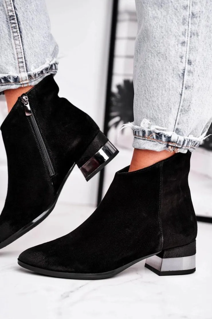 Damskie Laura Messi Botki Damskie Skórzane Ocieplane Czarne 2207