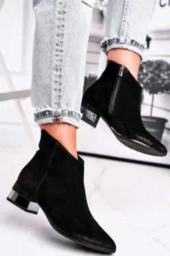 Damskie Laura Messi Botki Damskie Skórzane Ocieplane Czarne 2207