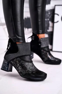 Damskie Maciejka Botki Damskie Skórzane Ocieplane Granatowe 03790-20